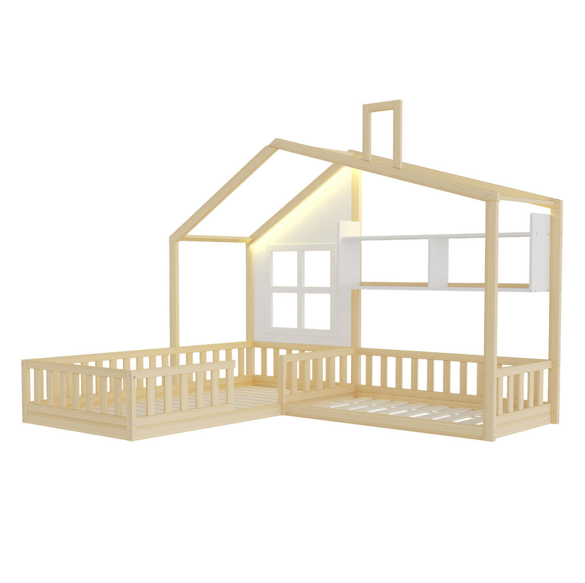 KINDERBETT 90/200 cm aus Holz mit LED-Beleuchtung und Regalen - Naturfarben, Holz (90/200cm) - Flora Grace