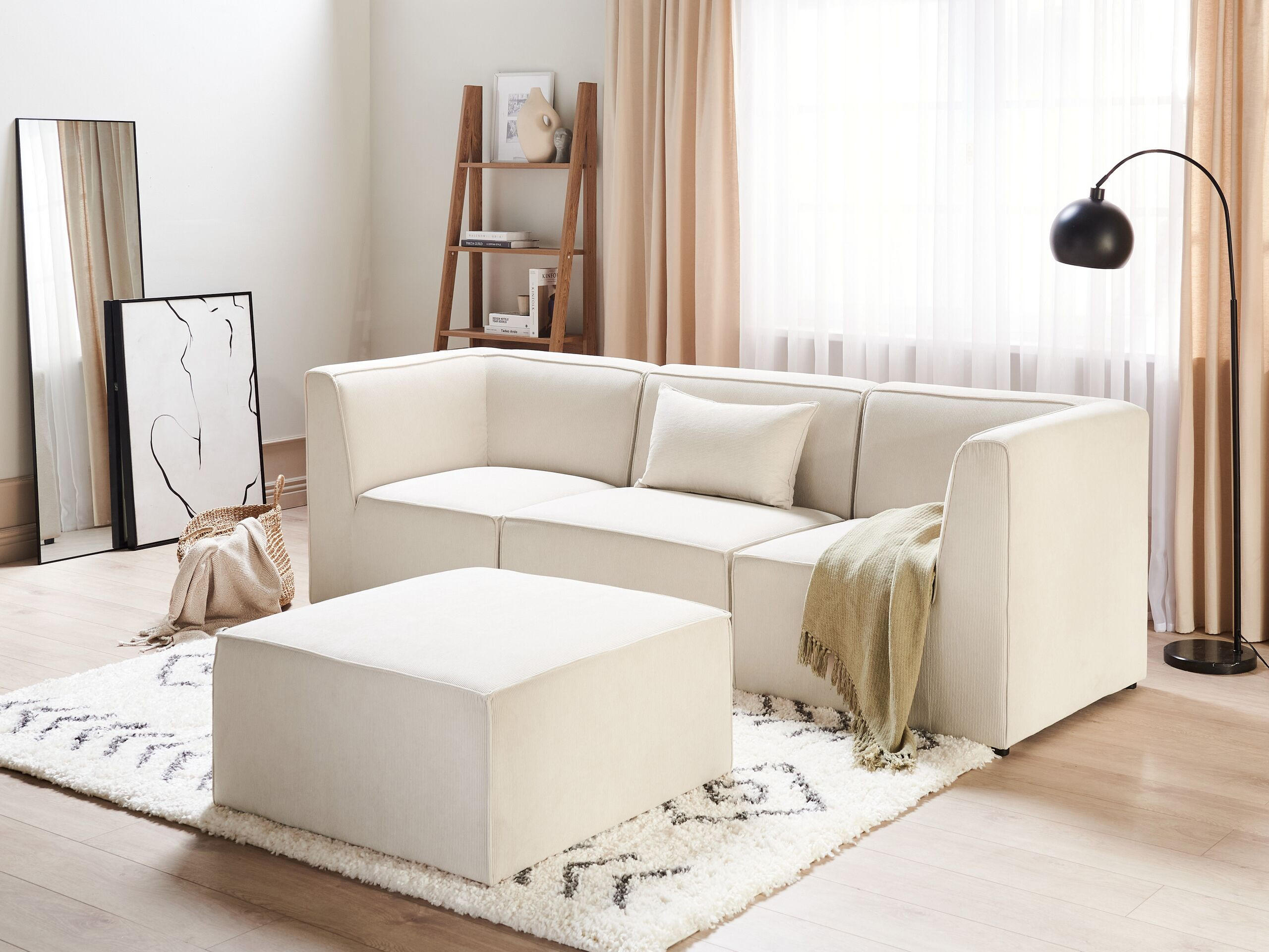 3-SITZER-SOFA Cord hellbeige mit Ottomane Lemvig - Beige, Textil (250/78/83cm) - Beliani