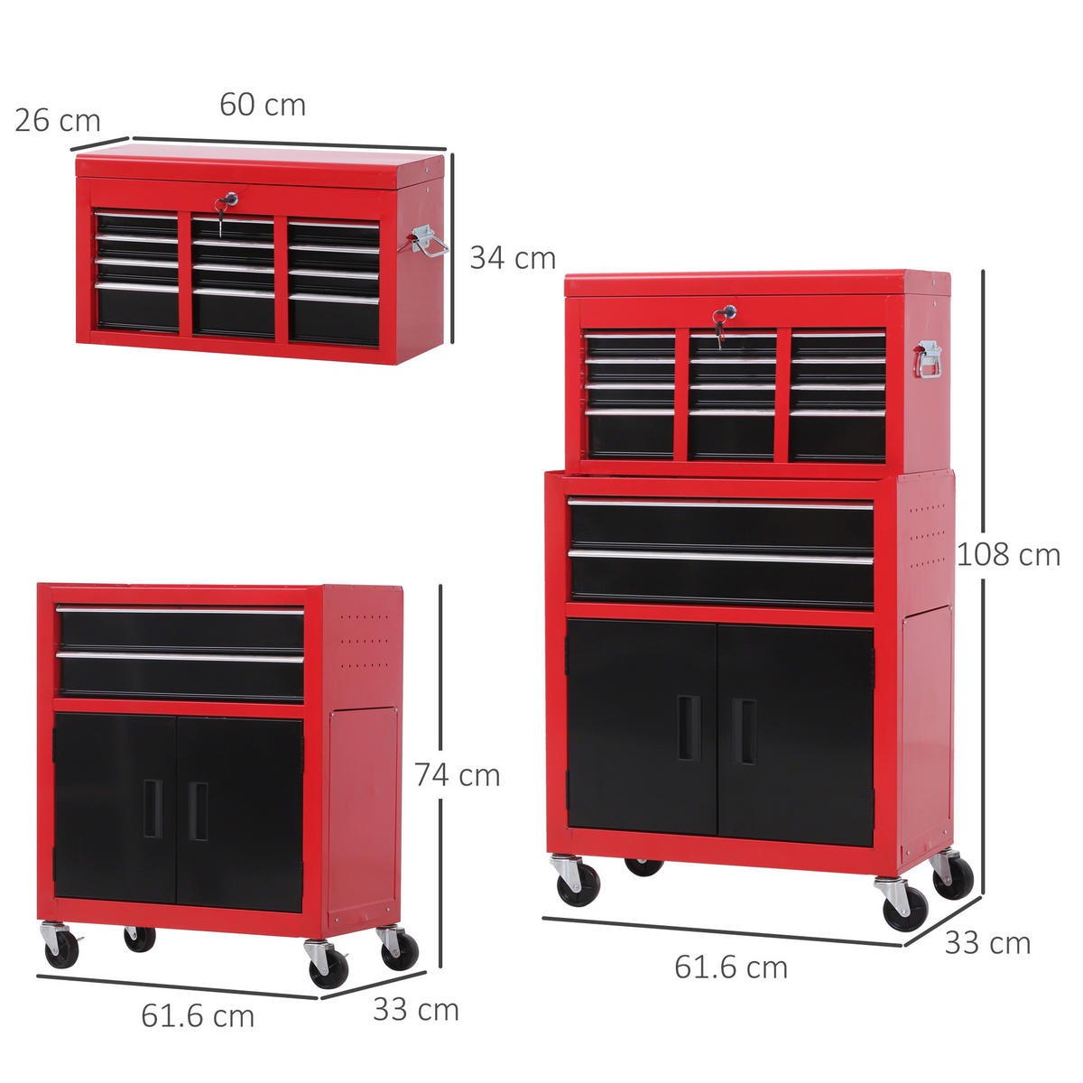 WERKZEUGWAGEN, 2-in-1-Wagen mit Schublade und Schrank, 61,6 x 33 x 108 cm, Rot - Multicolor, Kunststoff (33/108/61.6cm) - FORIOUS