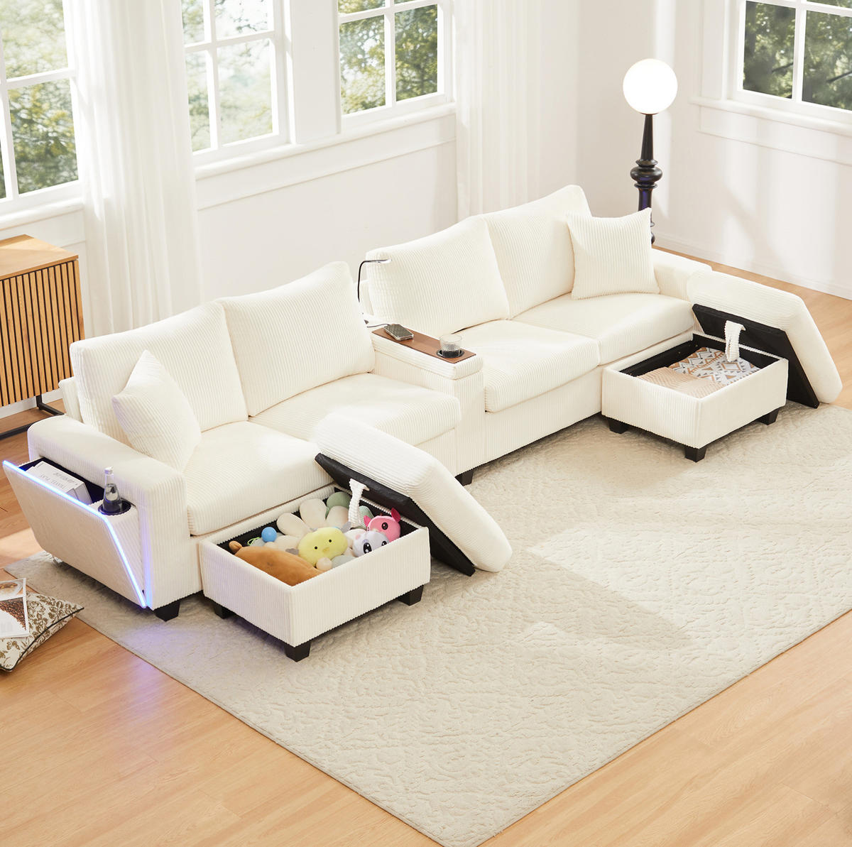 SOFA U-Form mit 2 Hockern 334 x 128,5 x 81 cm Cord Beige - Beige, Kunststoff (128.5/81/334cm) - Meubliv