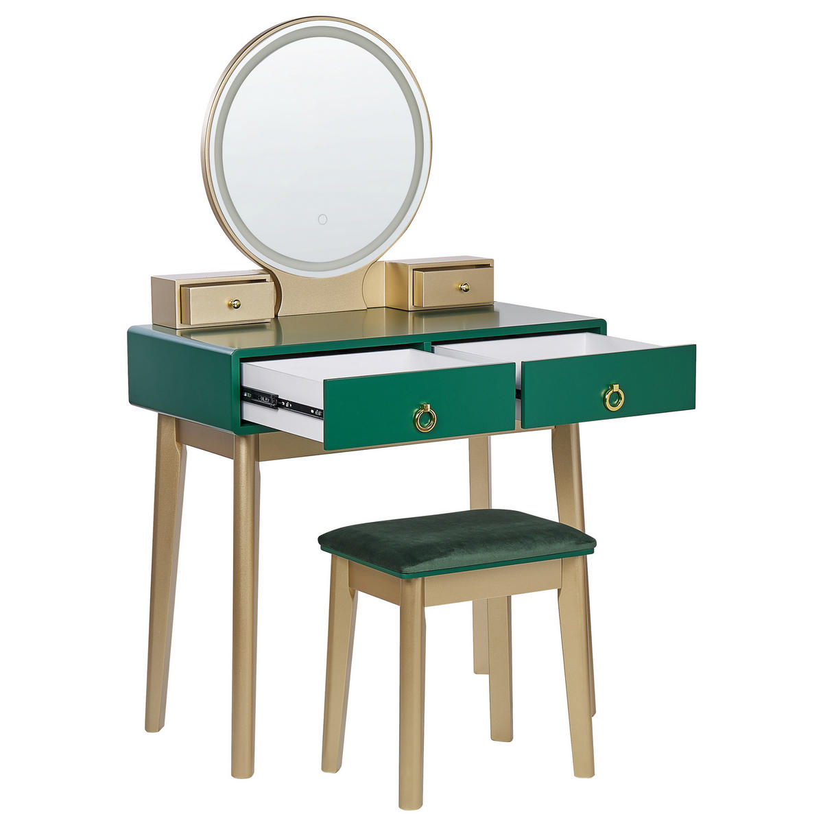 SCHMINKTISCH mit rundem LED-Spiegel Hocker 4 Schubladen grün/gold Fedry - Goldfarben/Grün, Holzwerkstoff (80/134/40cm) - Beliani