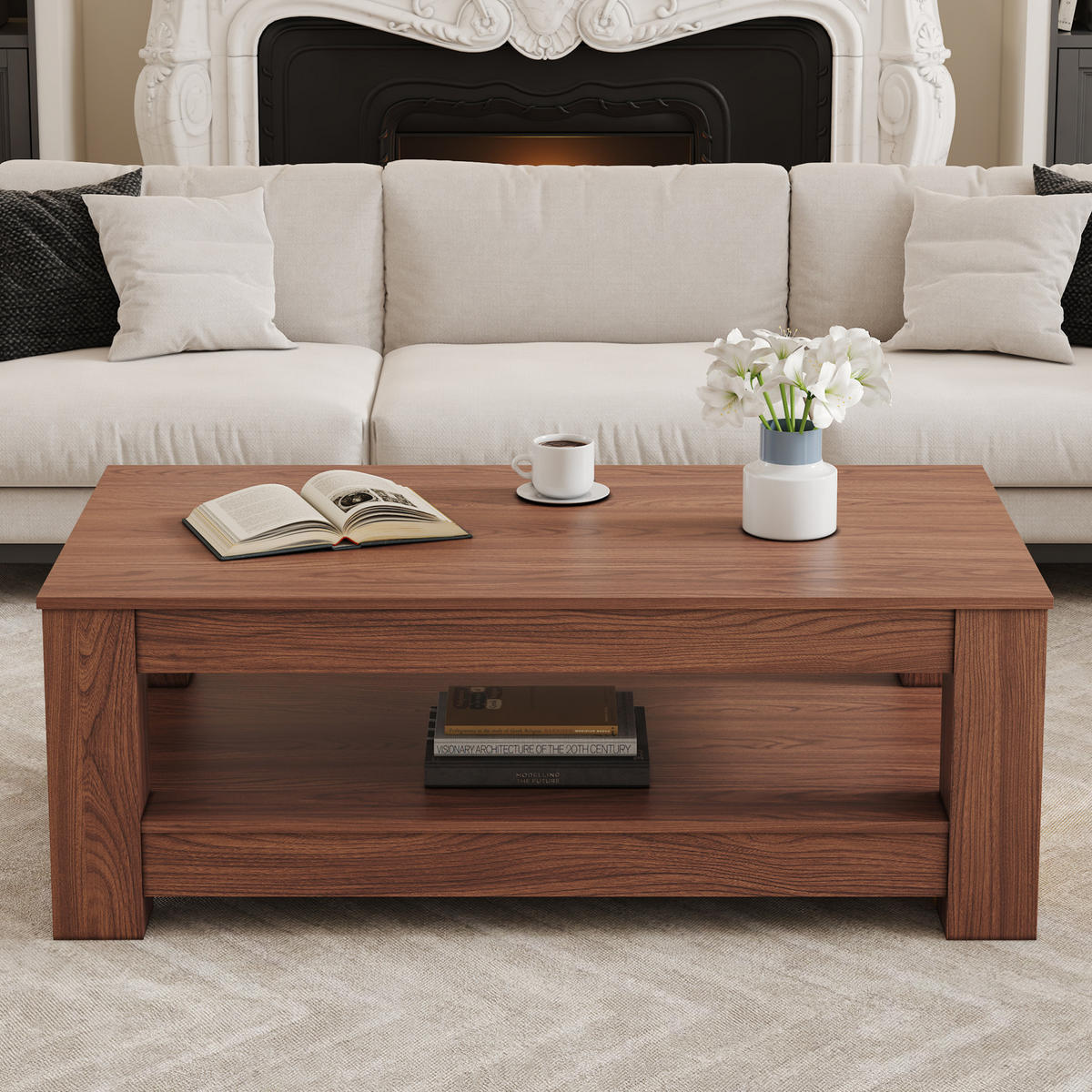 COUCHTISCH aus MDF in Walnuss 100x50x44.5 cm mit 2 Ebenen Stauraum - Walnussfarben, Holzwerkstoff (100/50/44.5cm) - Modfu