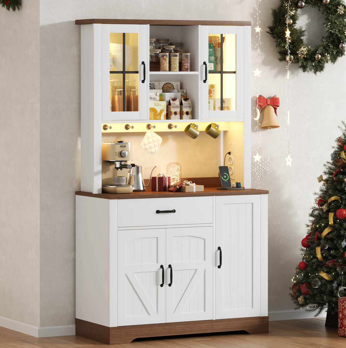 BUFFET aus MDF 105x40x185 cm Natur/Weiß mit LED-Beleuchtung, Steckdosenmodul und verstellbaren Einlegeböden - Naturfarben, Holzwerkstoff (105/185/40cm) - Modfu