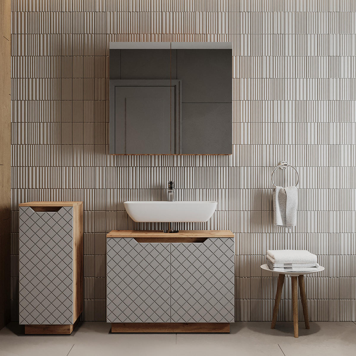 BADMÖBEL-SET Lotta Eiche/Grau mit Kachelstruktur 3 Teile - Grau, Holzwerkstoff (79.6/62.1/32cm) - Vicco