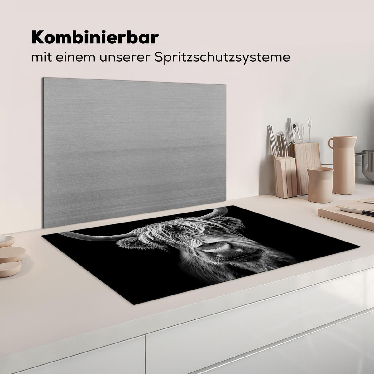 HERDABDECKPLATTE Schottischer Highlander - Hörner - Schwarz - Weiß - Kuh - Wild - Tiere Induktionsschutz 81.6x52.7 cm - Schwarz, Kunststoff (81.6/52.7/0.2cm) - MuchoWow