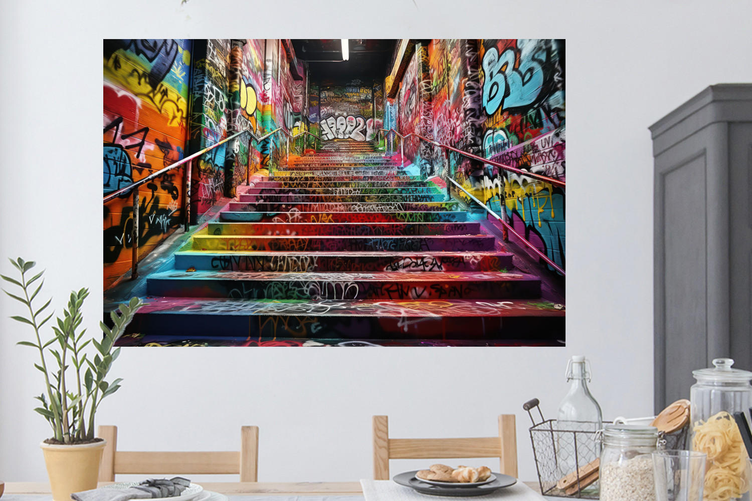 WANDTATTOO Treppe - Graffiti - Farben - Kunst 120x80 cm - Multicolor, Kunststoff (120/80/0.1cm) - MuchoWow