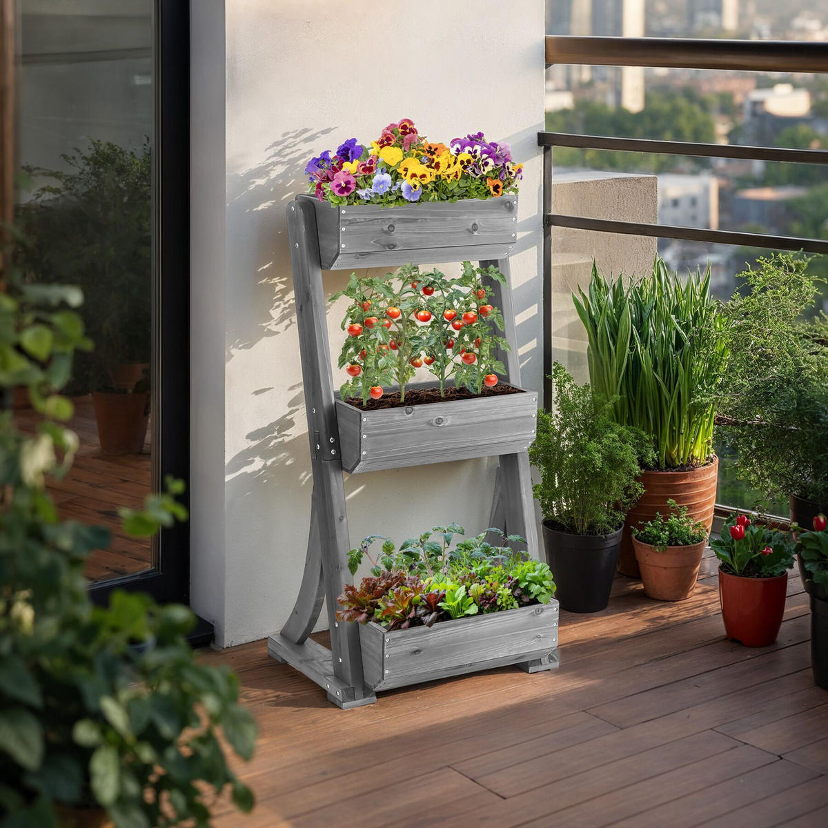 VERTIKALBEET Flora,inklusive Pflanzvlies, 60 x 49 x 140 cm,grau - Grau, Holz (60/140/49cm) - tectake