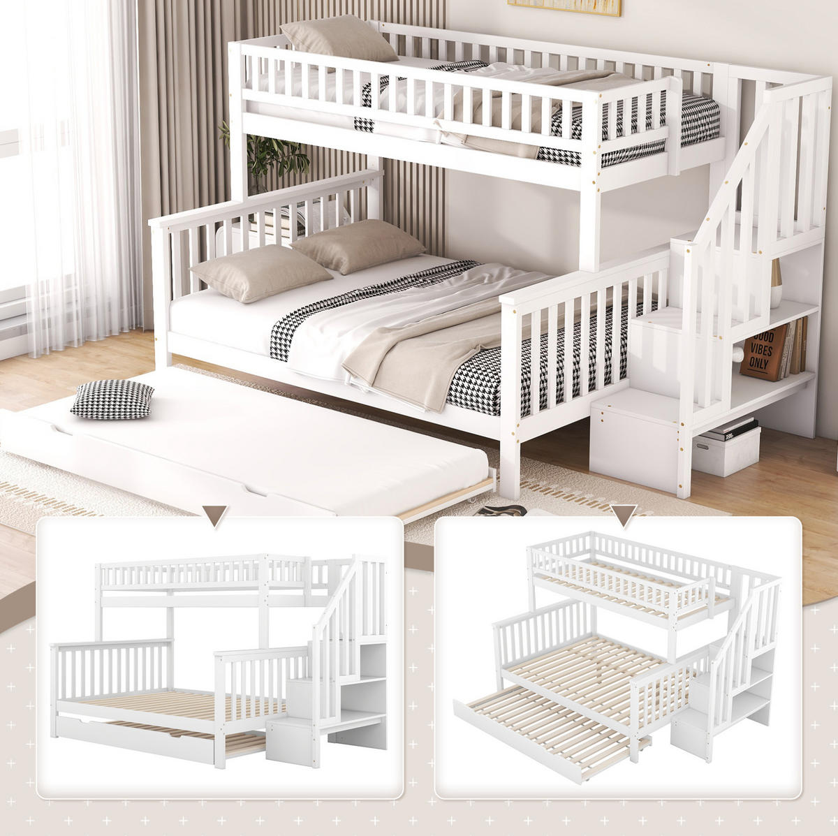 ETAGENBETT 90/200 & 140/200 cm in Weiß aus Kiefer mit Stauraum und Ausziehbett - Weiß, Holz (90/200cm) - OKMYHOME