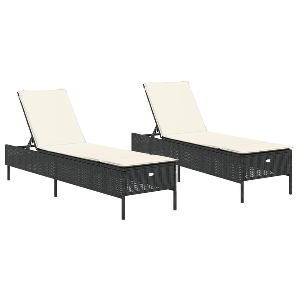 SONNENLIEGEN Mit Auflagen 2 Stk. Schwarz Poly Rattan - Schwarz, Kunststoff (55/97/198cm) - vidaXL