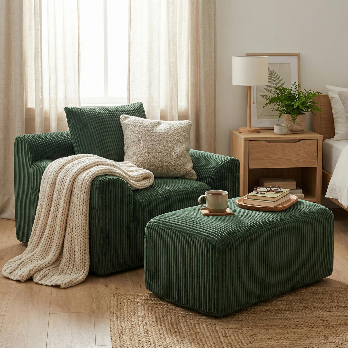 SESSEL mit Hocker in Cord Übergroßer Relaxsessel - Grün, Textil (147/67/110cm) - Urban Meuble