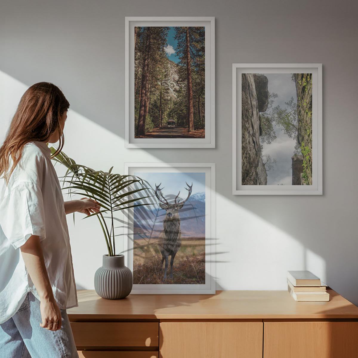 WANDBILDER 3er-Set - 40x60 cm Weißer Rahmen - Straße Wald Berge Hirsch Natur - Weiß, Kunststoff (40/60cm) - ArtPrintCave