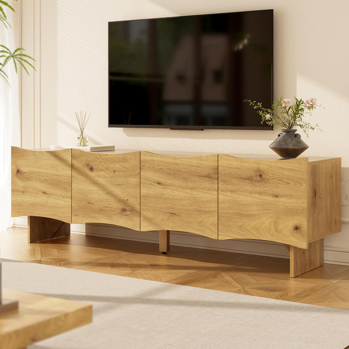TV-LOWBOARD aus Spanplatte 155x36x47 cm Natur mit 4 Türen und Kabeldurchführungen - Eichefarben, Holzwerkstoff (155/47/36cm) - IVMEU