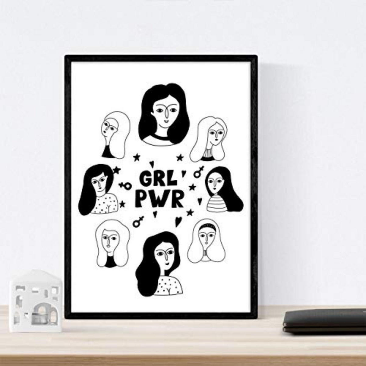 POSTER Set mit 4 Vier Collage Frauen Zeichnungen von Frauen A3 Schwarzer Rahmen - Schwarz, Papier (29.7/3cm) - Nacnic