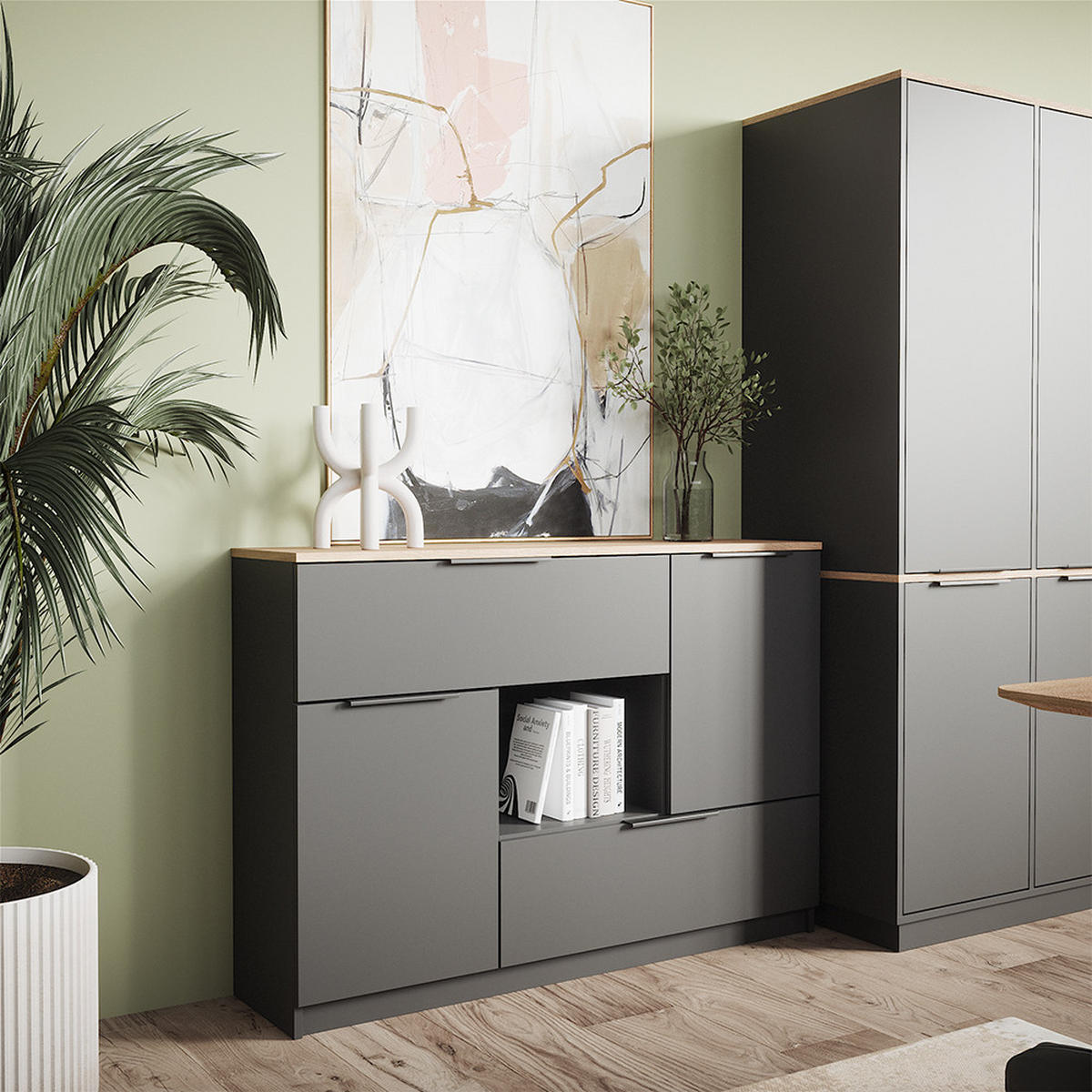 KOMMODE Betti Anthrazit 120 x 83.6 cm 2x Tür 2x Schublade und 1x offenes Fache - Anthrazit/Sonoma Eiche, Holzwerkstoff (120/83.6/30cm) - Vicco