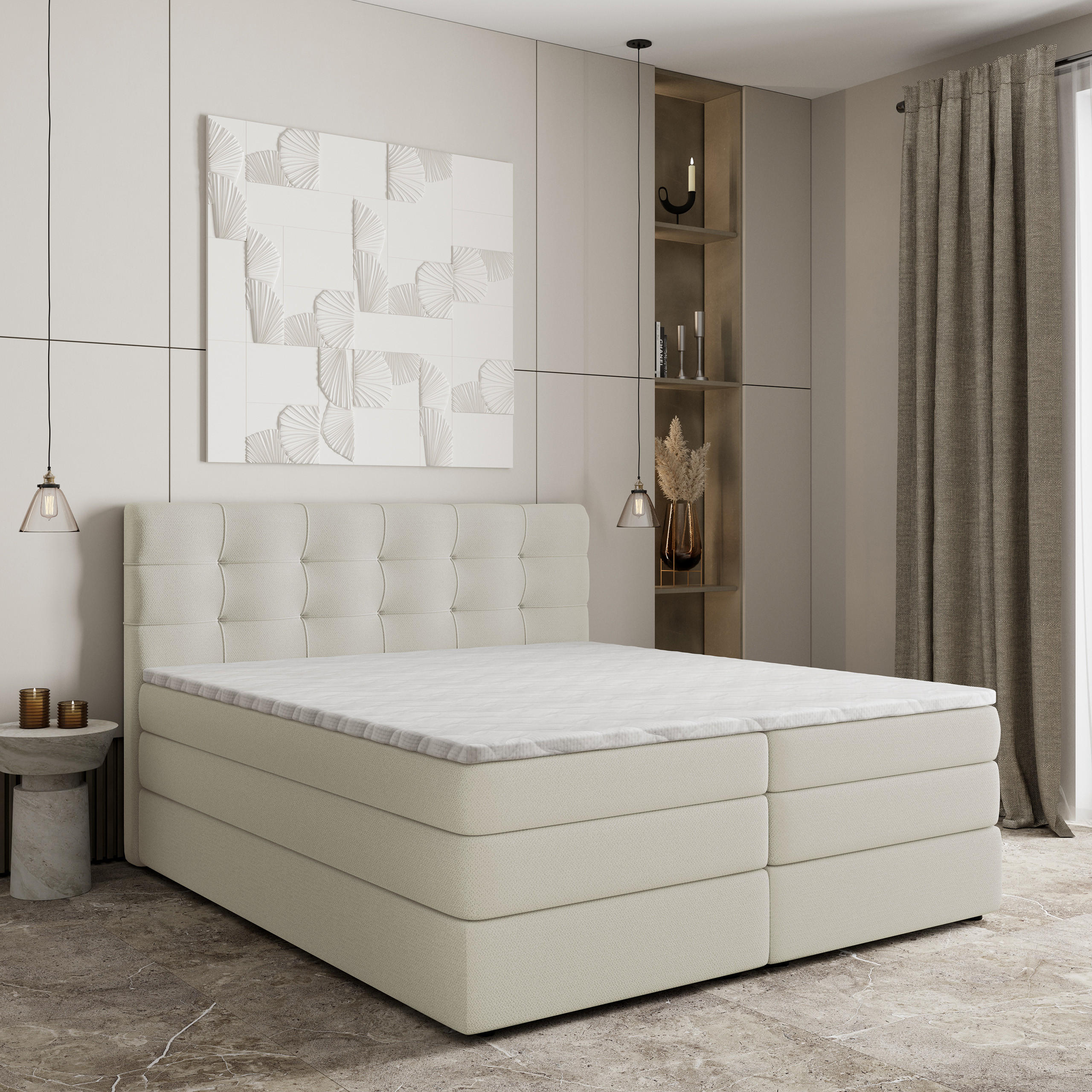 BOXSPRINGBETT AREZI 140x200 cm mit Matratze und Topper - Creme - Creme, Holz (140/200cm) - MASSENO