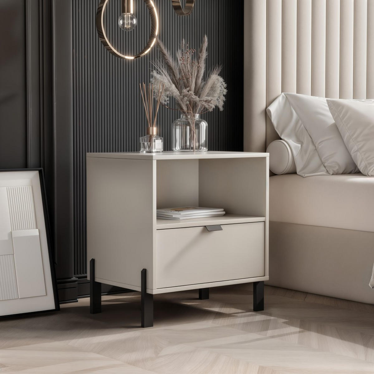 NACHTTISCH Cortina mit 1 Schublade, Sandbeige - Sandfarben/Schwarz, Holzwerkstoff (56.5/55/45cm) - Beautysofa