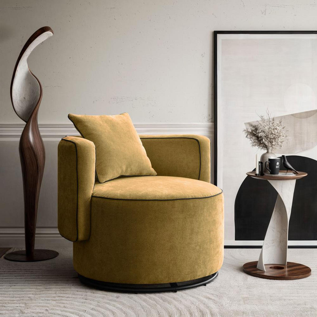 DREHSESSEL Dolce senfgelb velour - Dunkelgelb/Schwarz, Textil (90/83/90cm) - Beautysofa