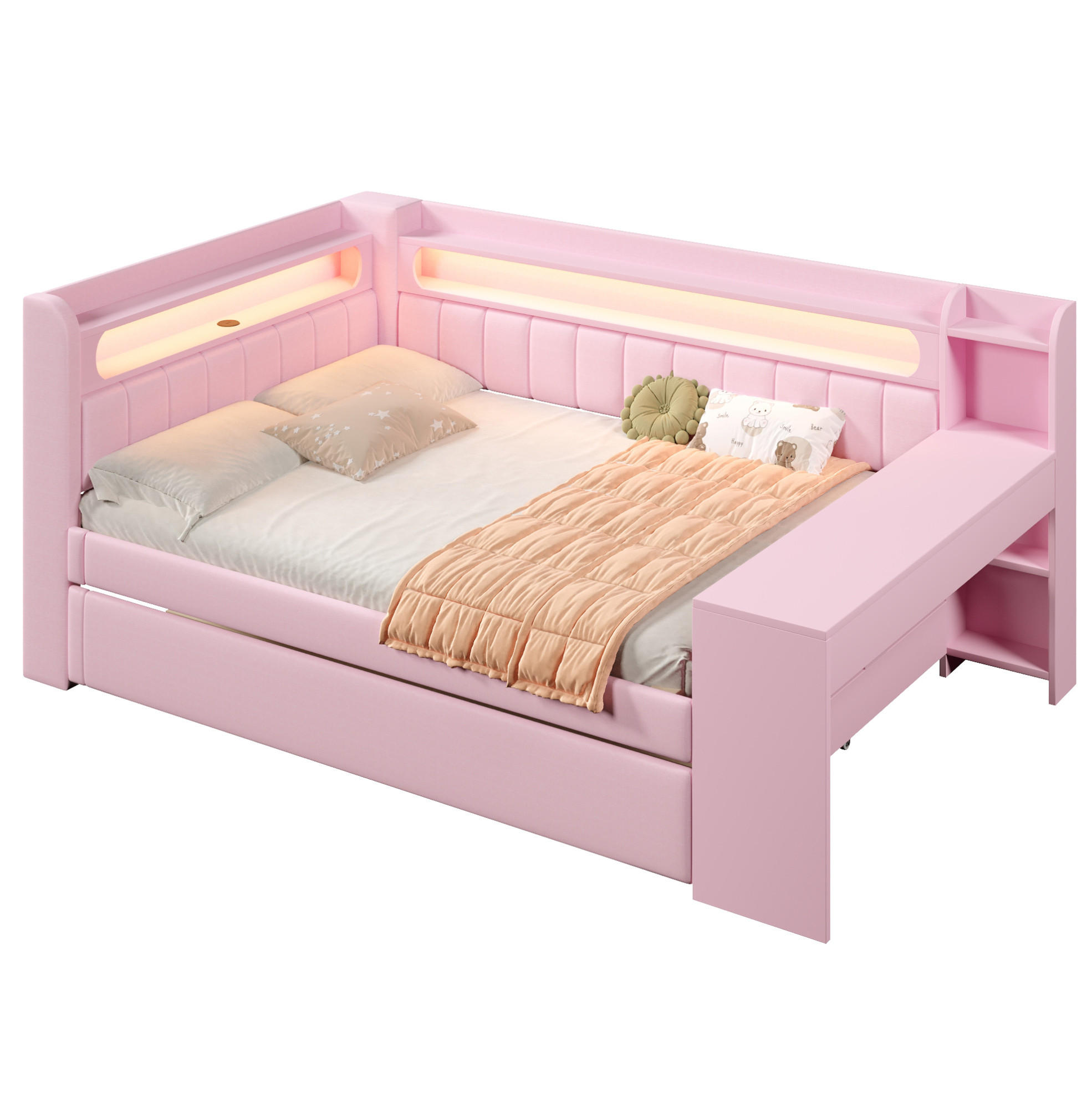 POLSTERBETT aus MDF, Sperrholz und Leinen 140x200 cm Rosa mit LED, USB, Ausziehbett und Schreibtisch - Rosa, Holzwerkstoff (140/200cm) - Modfu