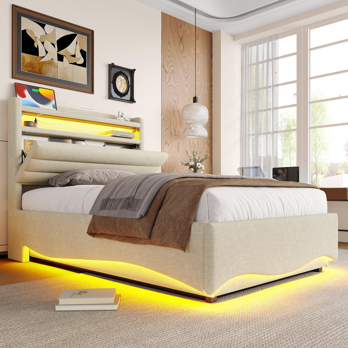 ČALÚNENÁ posteľ 90/200 cm z ľanu béžová, s LED osvetlením, hydraulickým úložným priestorom a USB/Typ-C - béžová, textil (90/200cm) - BEAOK