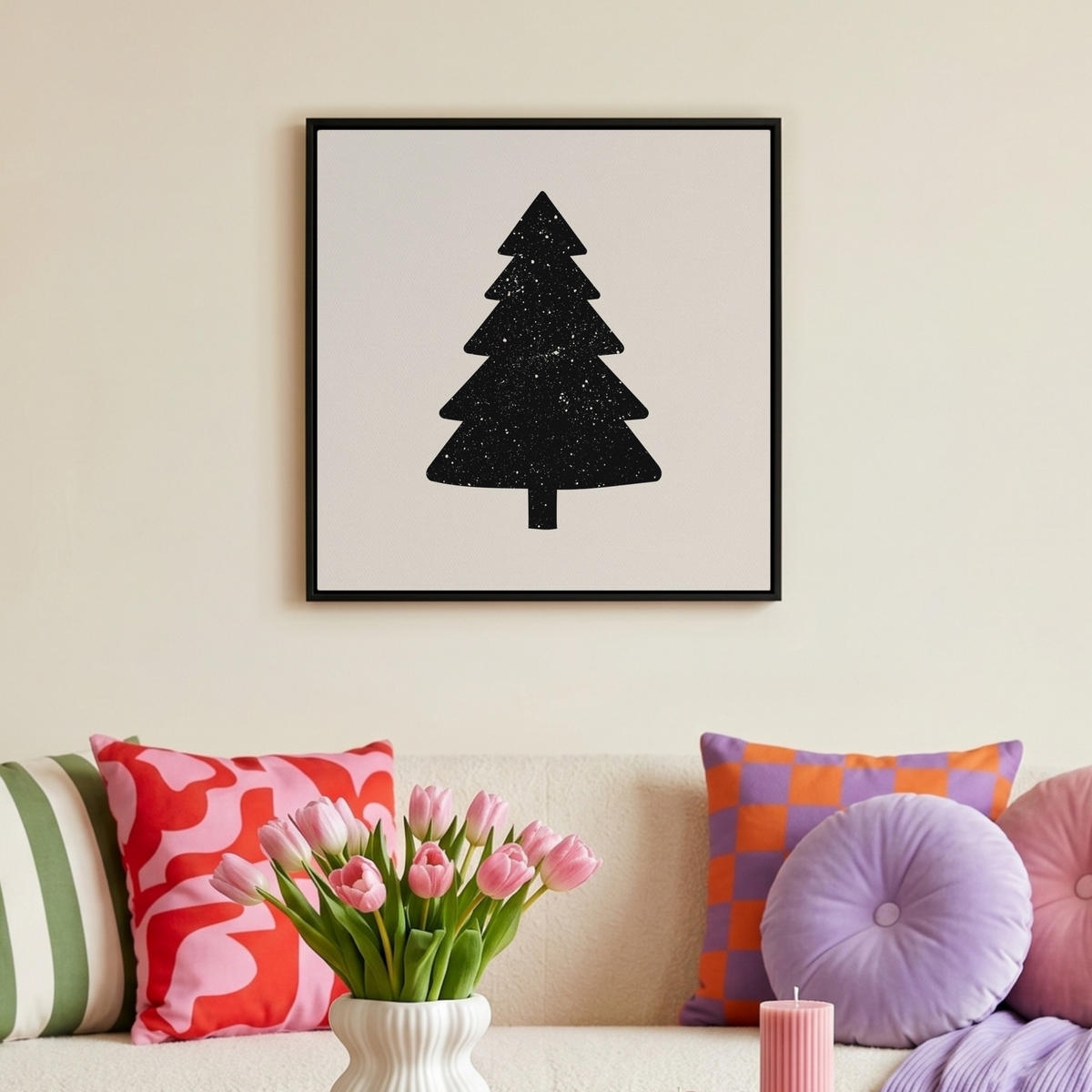 LEINWAND Bilder mit Rahmen - Weihnachtsbaum - Schwarz - Urlaub - Beige - 50x50 - Schwarz, Textil (50/50cm) - MuchoWow