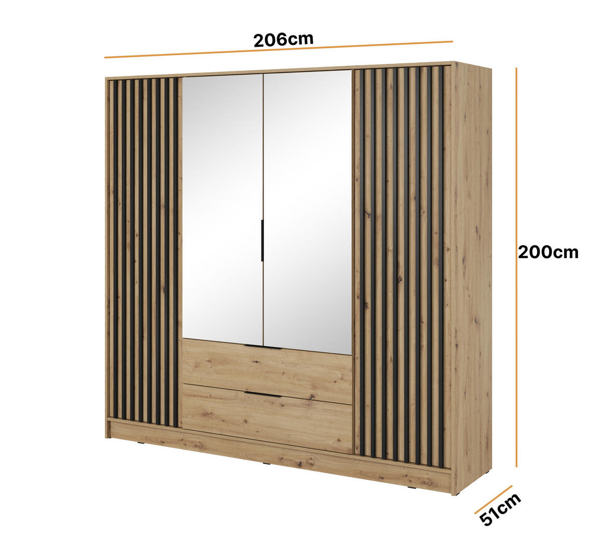 KLEIDERSCHRANK Stilo in Eiche Artisan, viertürig, mit Spiegel und Lamellen an der Front - Schwarz/Eiche Artisan, Holzwerkstoff/Kunststoff (206/200/51cm) - Ravio