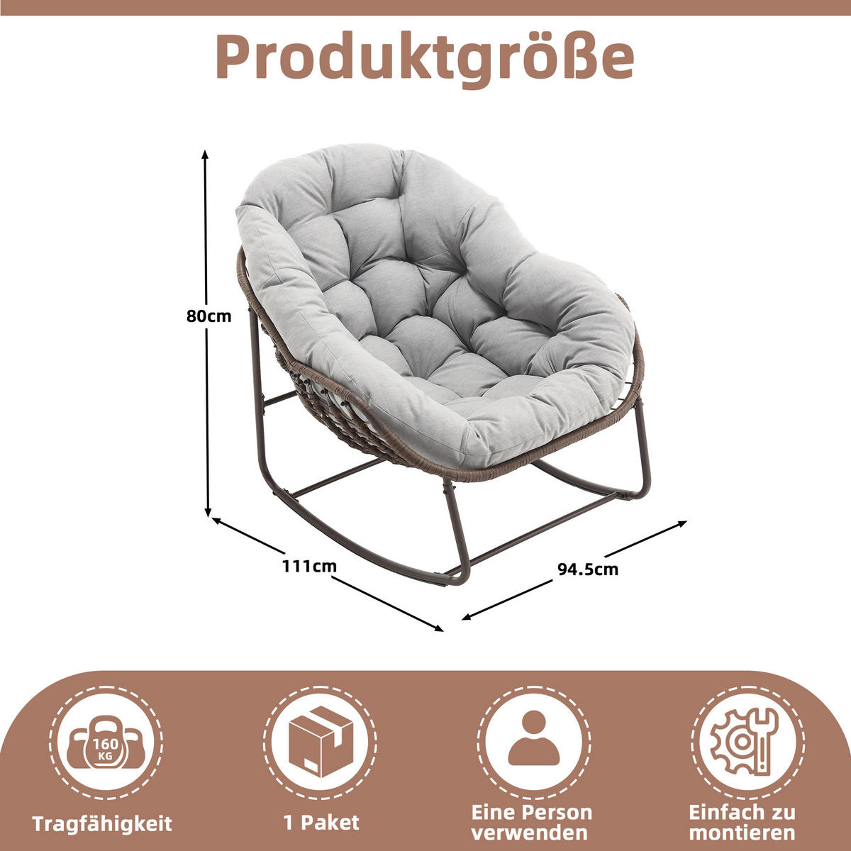 SCHAUKELSTUHL Schaukelsessel Garten,Rattanstuhl mit Stahlrahmen,Grau-Polyester - Hellgrau, Metall (94.5/80/111cm) - LVHOM