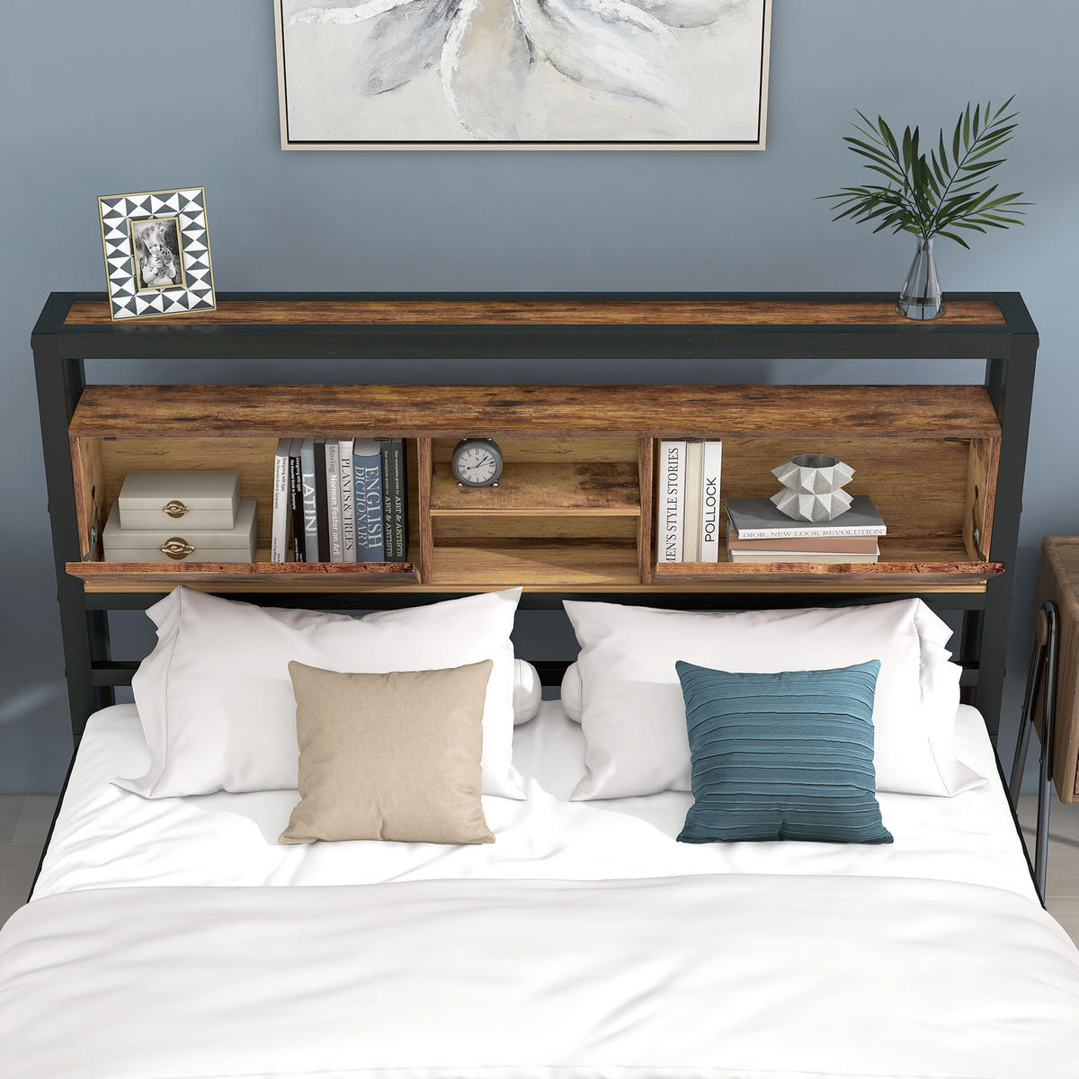 BETT 140/200 cm mit Stauraum-Kopfteil, Metall-Lattenrost & Unterbett-Stauraum, Natur - Naturfarben, Metall (140/200cm) - Redom