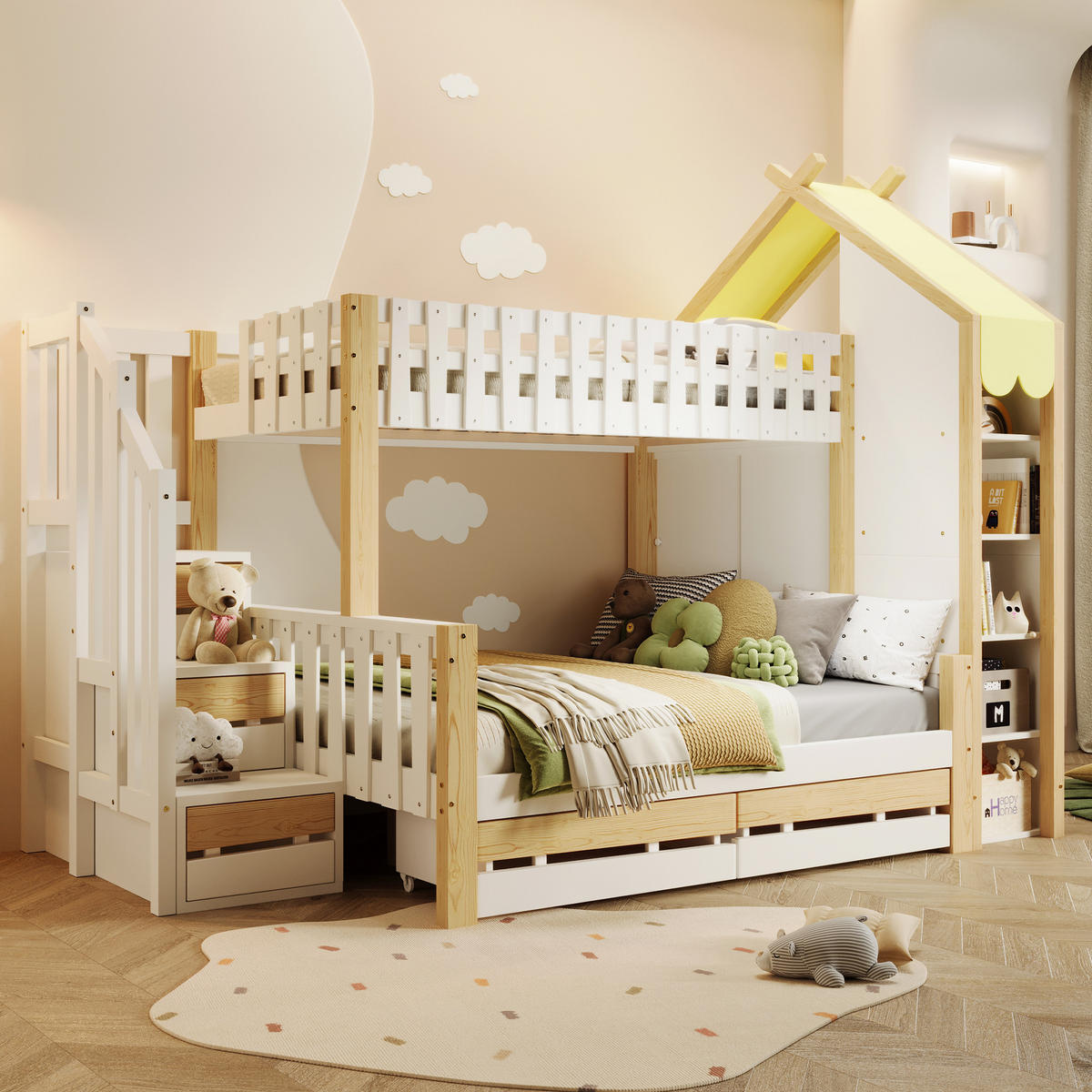 ETAGENBETT 90x200cm + 140x200cm Weiß + Natur 2 Schubladen Hausleiste - Multicolor, Holz (140/200cm) - FLIEKS