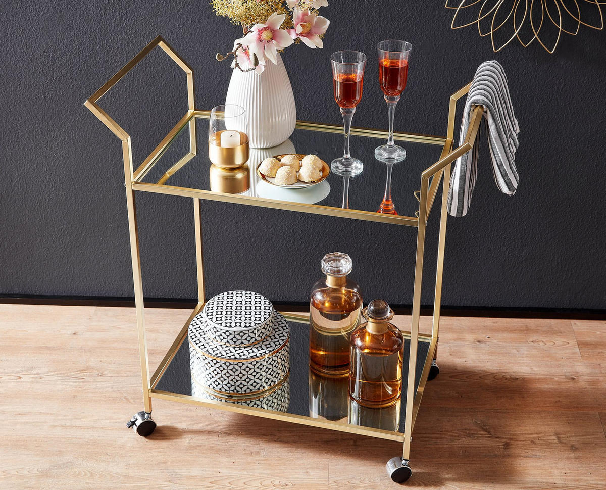 SERVIERWAGEN – Gold, Verspiegelte Ablagen, auf Rollen - Goldfarben, Glas/Metall (73/78/37cm) - KADIMA DESIGN