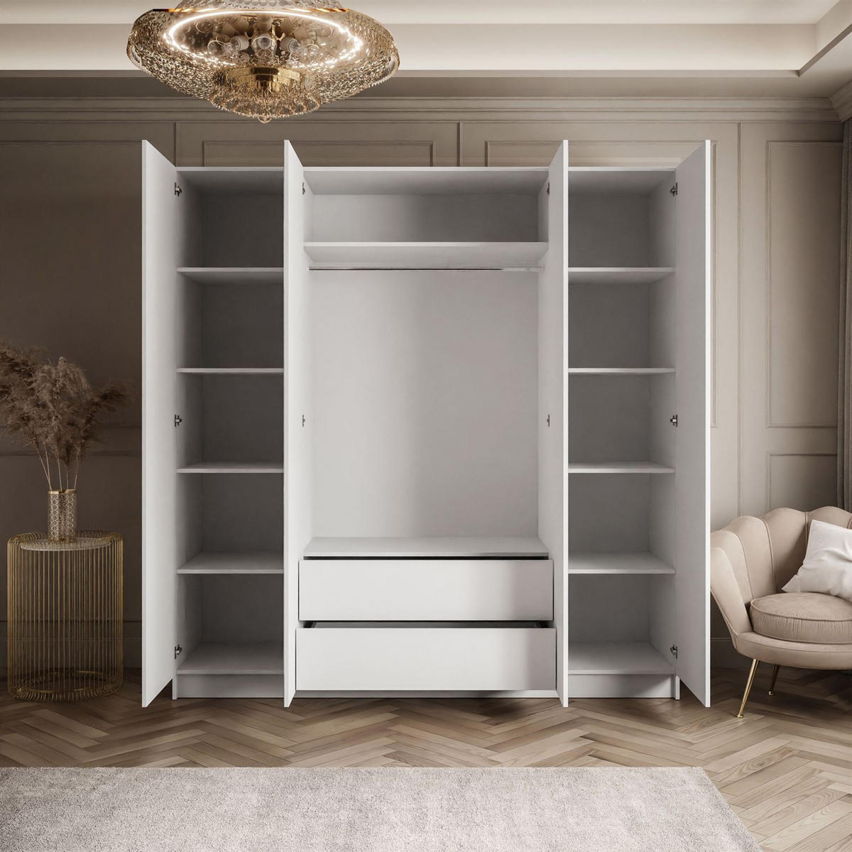 KLEIDERSCHRANK AUREL 4D in Weiß hochglanz mit Spiegel - Weiß Hochglanz/Weiß, Holzwerkstoff (200/200/57cm) - Lookway