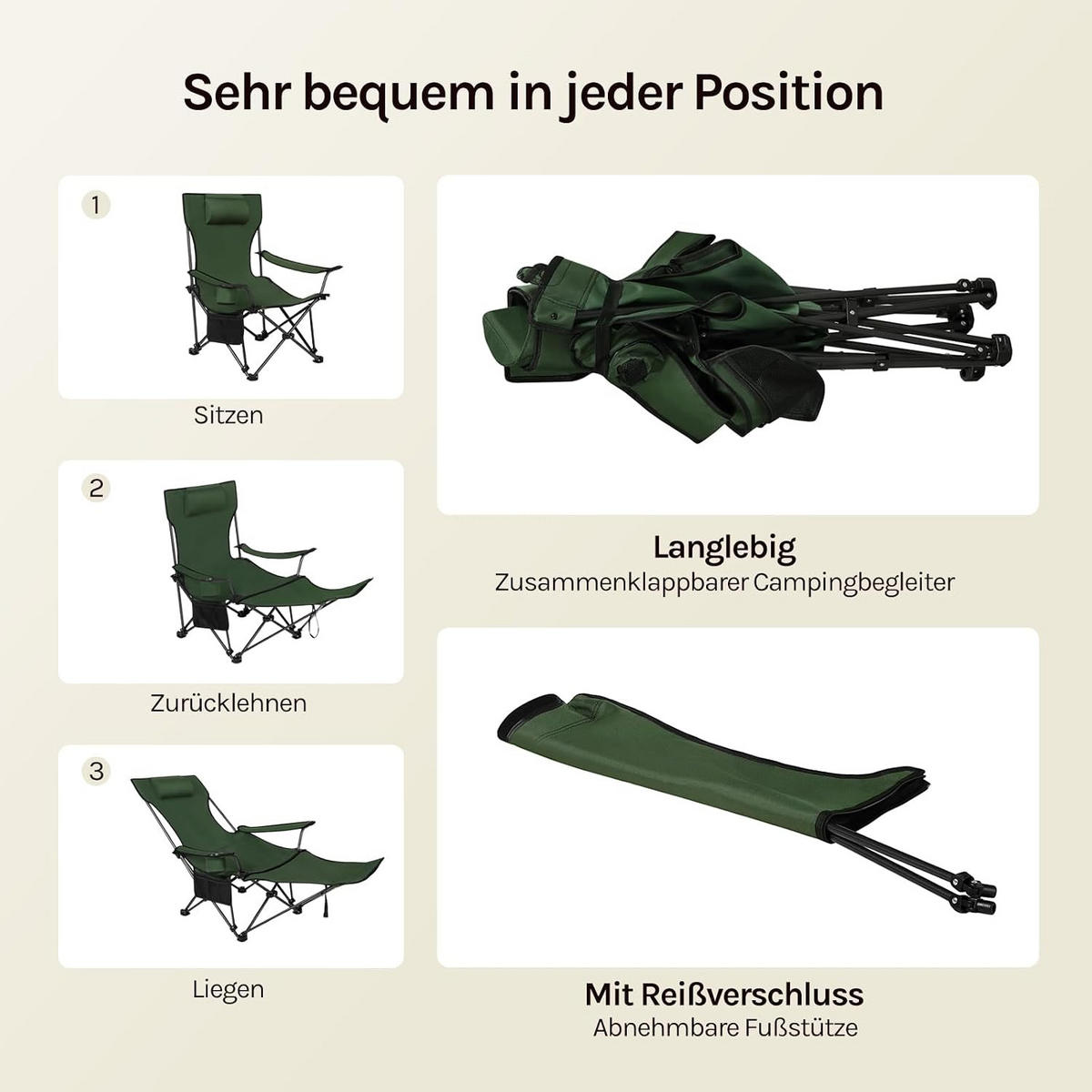 CAMPINGSTUHL Faltbar mit Fußablage Grün - Grün, Textil (84/88.5/160cm) - Woltu