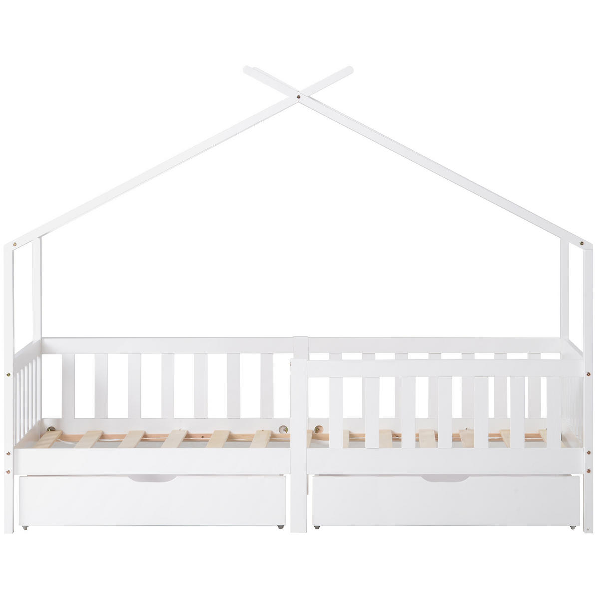 HAUSBETT 90/200 cm Weiß aus Massivholz mit 2 Schubladen und Sicherheitszaun - Weiß, Holz (90/200cm) - Flora Grace