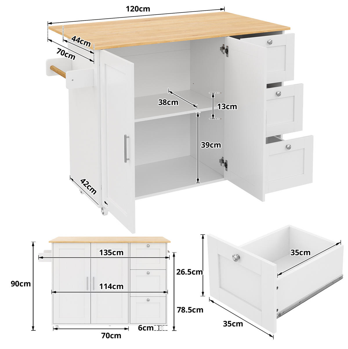 KÜCHENINSEL 135/44(70)/90 cm aus MDF mit klappbarer Arbeitsplatte und Rollen Weiß/Natur - Weiß, Holzwerkstoff (135/90/44cm) - Modenvie