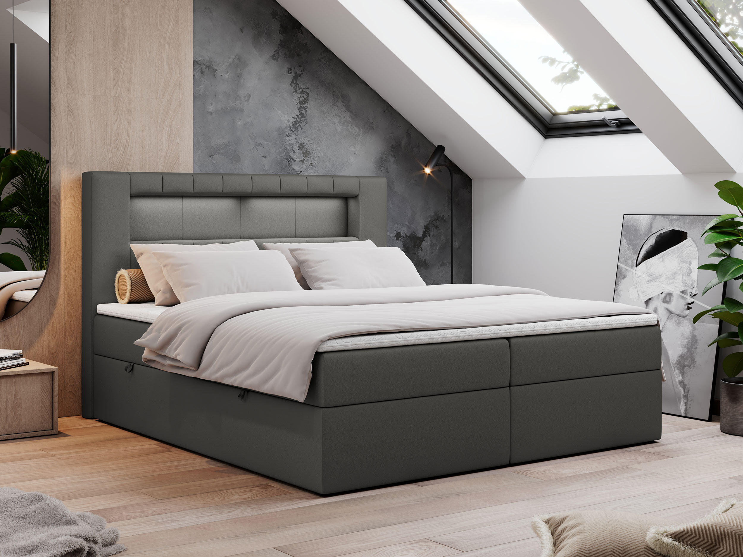 BOXBETT GOLD-5 LED 120/200 Dunkelgrau Kunstleder - H3 - Dunkelgrau, Holz/Textil (120/200cm) - MKS
