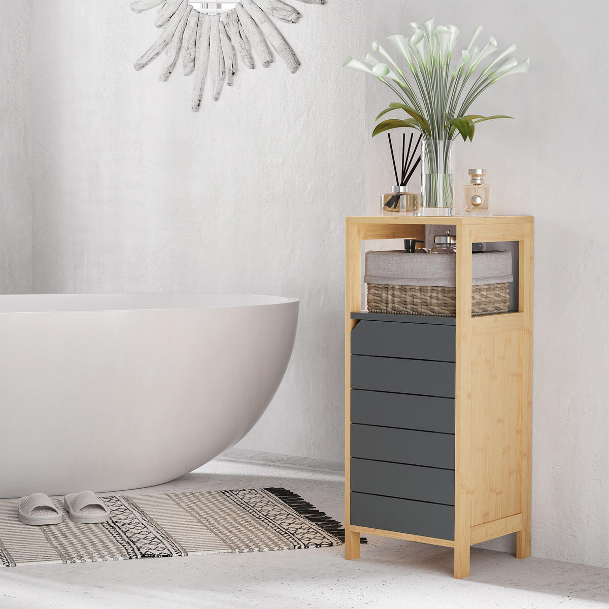MIDISCHRANK DE-12325 32/30/80 cm mit Tür und Schublade Bambou und Grau - Grau, Holzwerkstoff (30/80/32cm) - ComfortXL