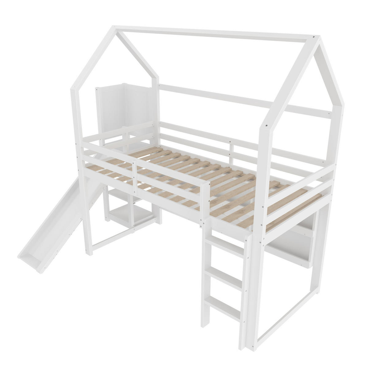 HOCHBETT aus Kiefer 90x200 cm Weiß mit LED-Leiste, Rutsche, Regalen und Hausform - Weiß, Holz (90/200cm) - Modfu