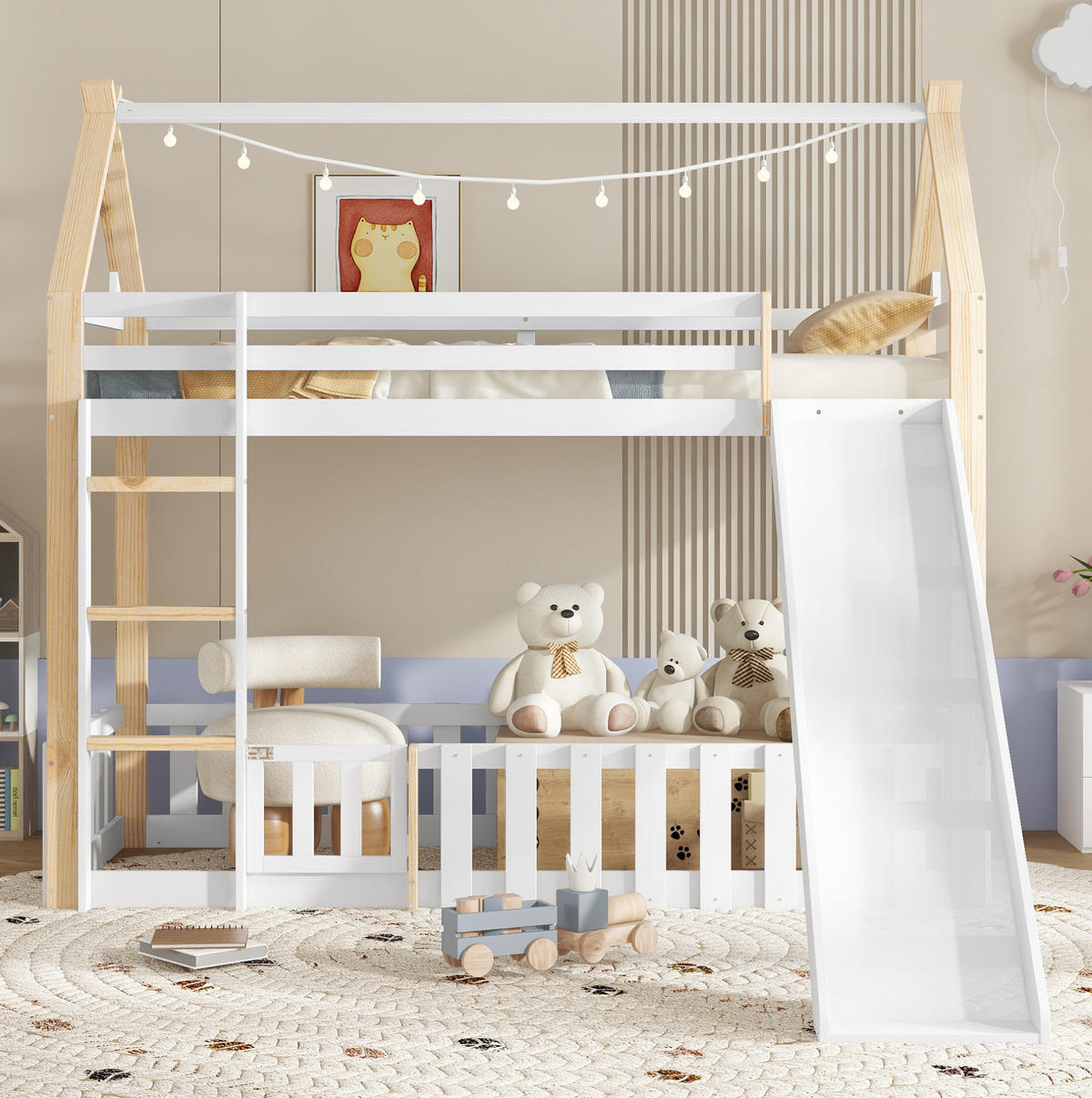 VÝŠKOVÁ posteľ 90/200 cm biela/prírodná so šmykľavkou a strešnou konštrukciou z masívneho dreva a MDF - biela, kompozitné drevo (90/200cm) - OKWISH