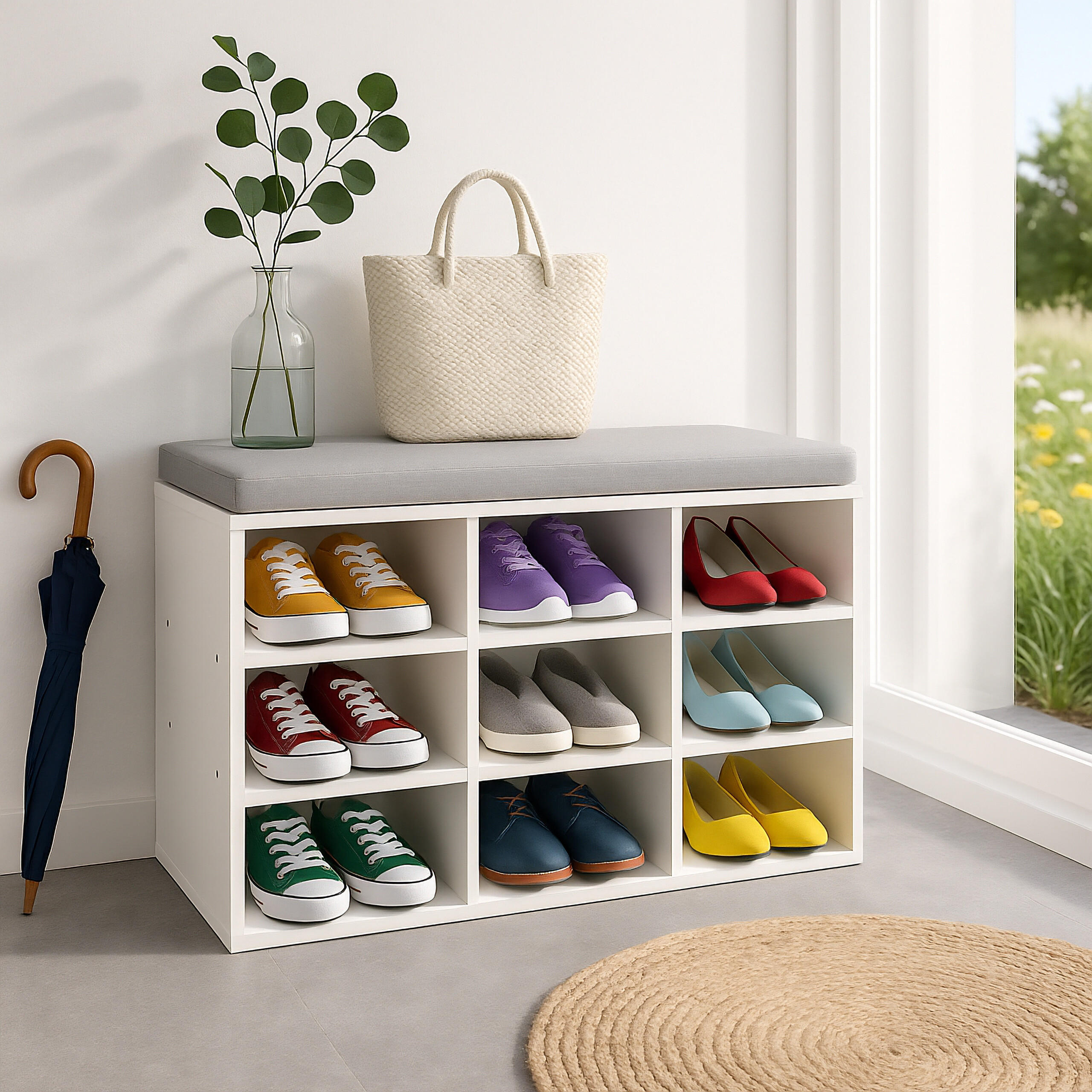 SCHUHBANK - Weiß, Holzwerkstoff/Textil (80/49.5/31cm) - Relaxdays