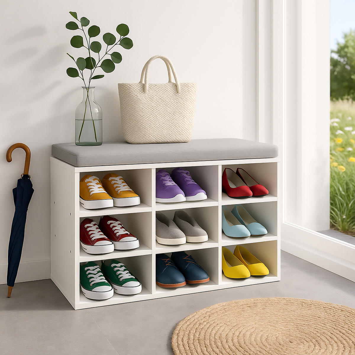 SCHUHBANK - Weiß, Holzwerkstoff/Textil (80/49.5/31cm) - Relaxdays