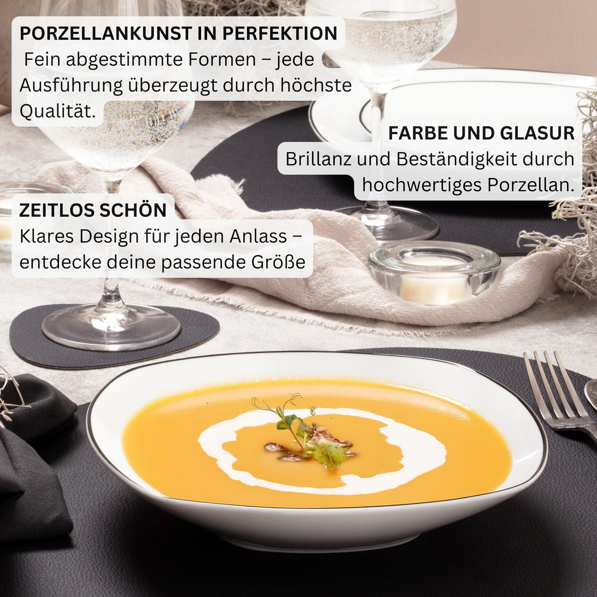 SÄNGER Porzellan Tafelservice Bilgola Black Rim 36 teilig für 12 Personen - Weiß, Keramik (25/2.5/25cm) - Sänger
