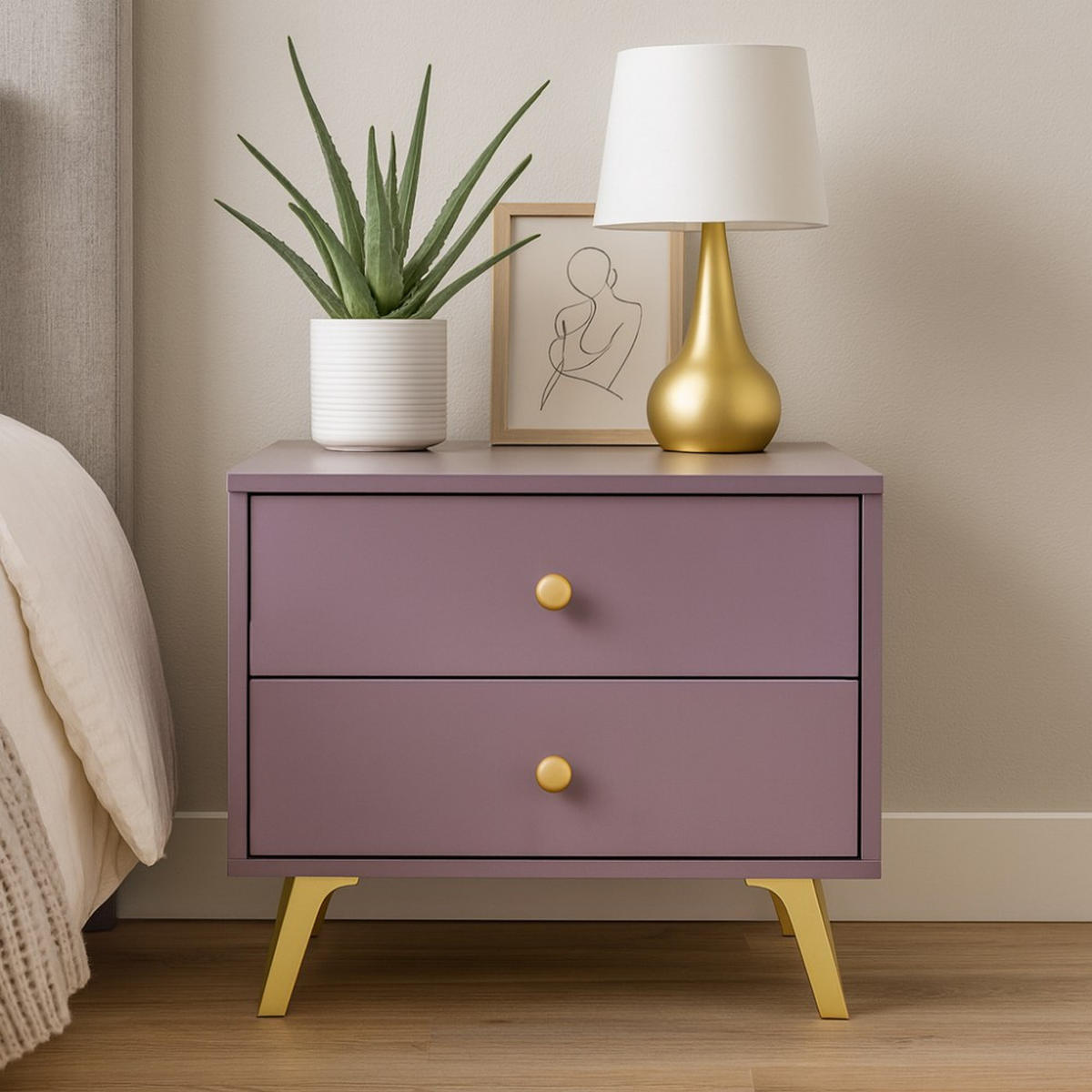 NACHTTISCH Solea Lux mit 2 Schubladen, Pflaume - Pflaume/Goldfarben, Holzwerkstoff (54/48/41cm) - Beautysofa