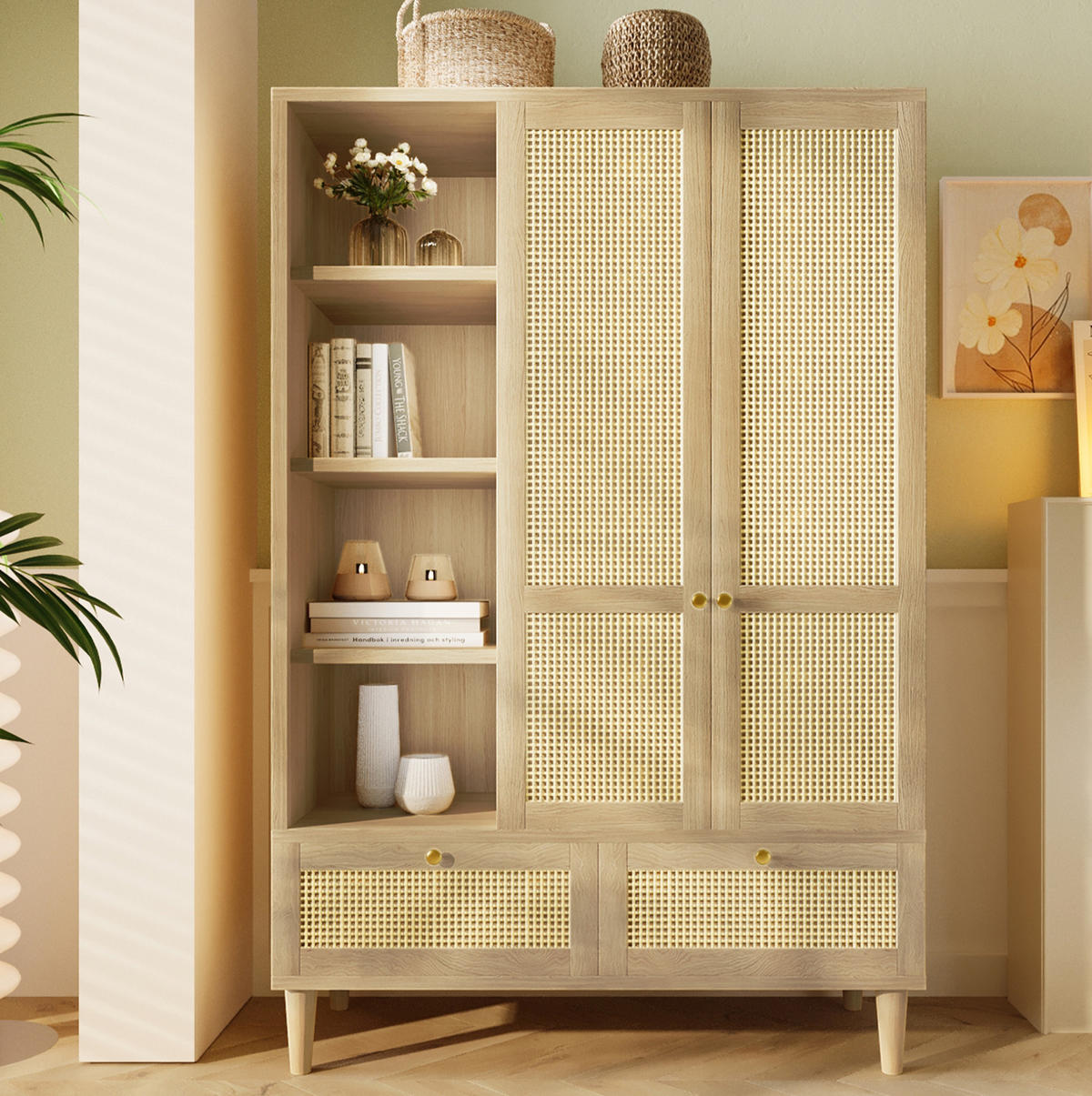 KLEIDERSCHRANK aus Holz mit Rattanoptik & 2 Schubladen, 120/50/180 cm, Eiche - Eichefarben, Holz (120/180/50cm) - Redom