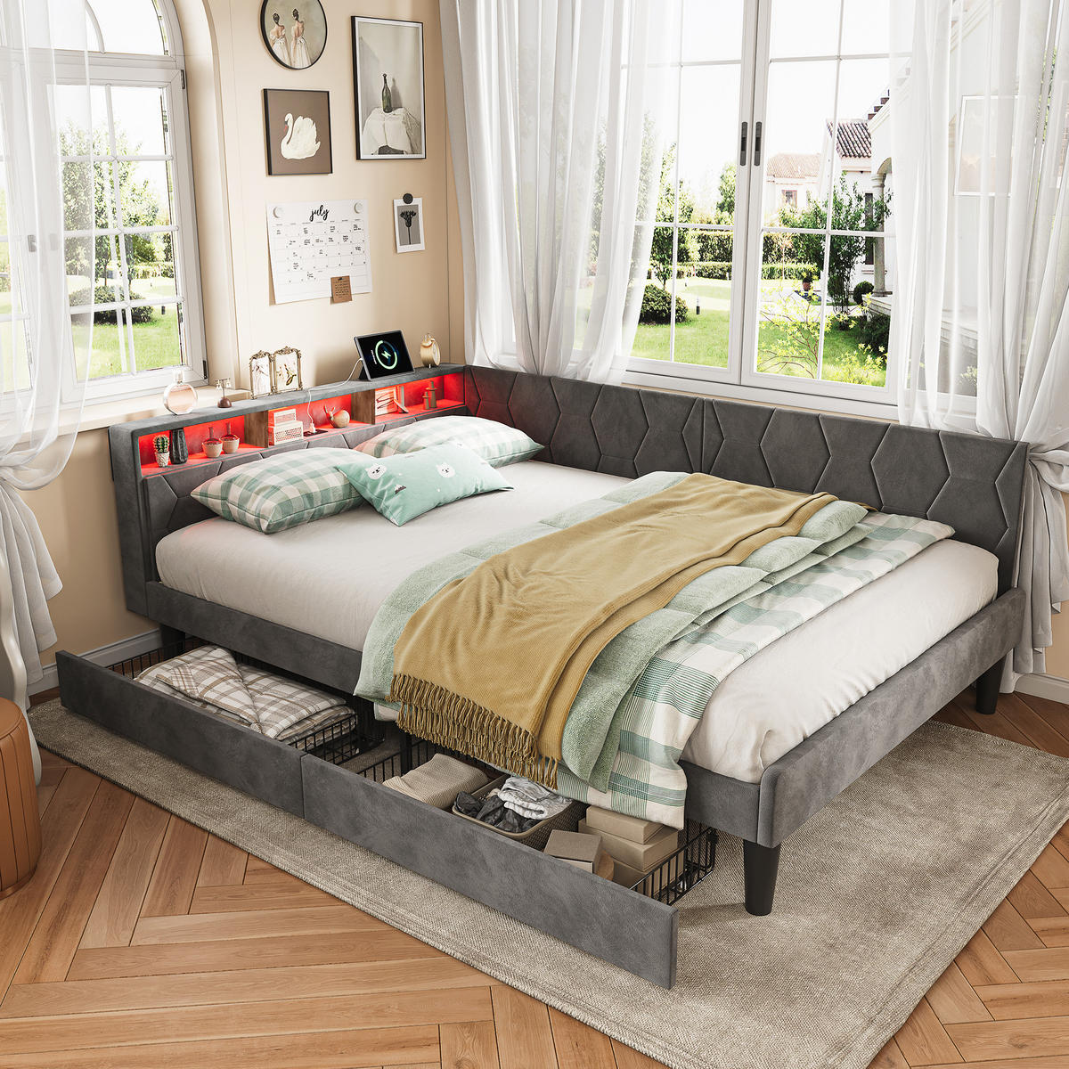 POLSTERBETT 140x200 cm, Stauraumkopf mit Ablagen, 2 Schubladen, LED und USB, Samt in Grau - Grau, Holz (140/200cm) - BRILVERDE