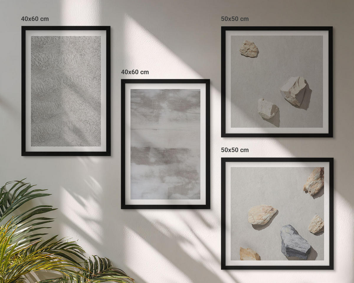 BILDER SET 4er Set - 50x50 cm & 40x60 cm Schwarzer Rahmen - Moderne minimalistische Texturen - Schwarz, Kunststoff (50/50cm) - TULUP