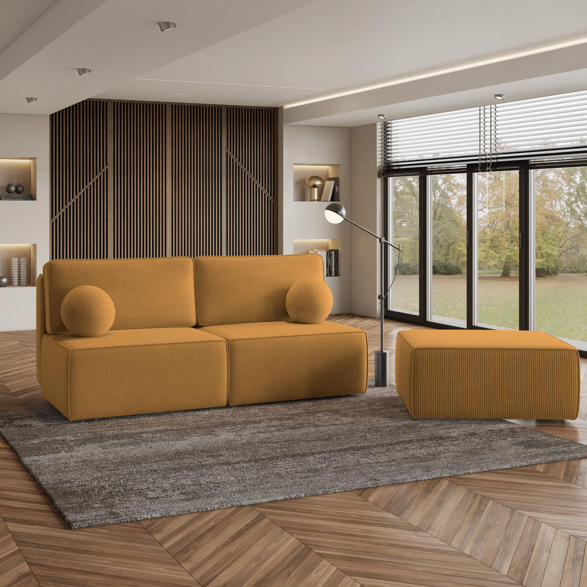 ECKSOFA VARNA P Gelb Kordstoff mit Schlaffunktion - Gelb, Holz (196/158cm) - MASSENO