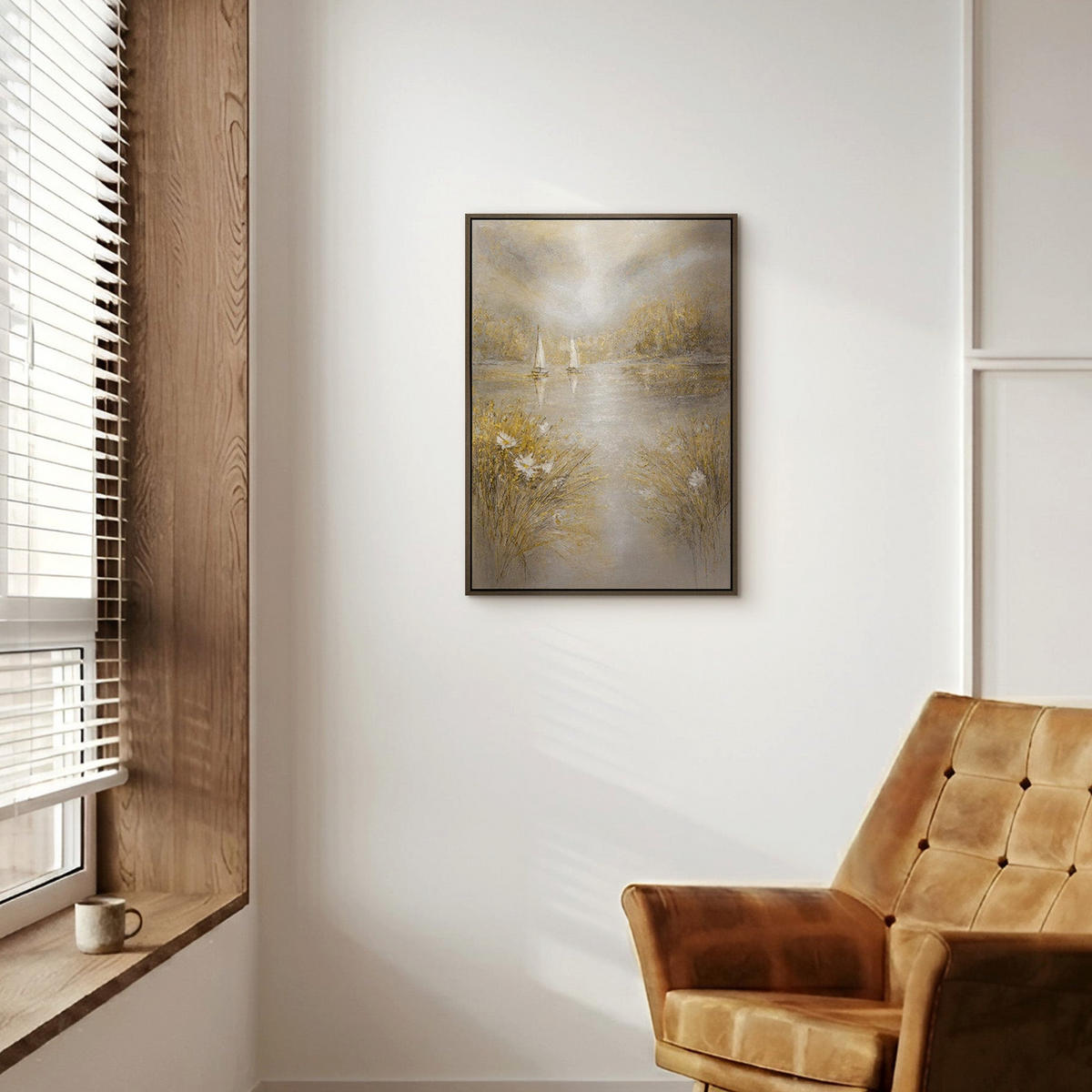 GEMÄLDE Wasserspiegel Schattenfugenrahmen Grau 70x50 cm - Grau, Holz (70/50cm) - YS-art gallery