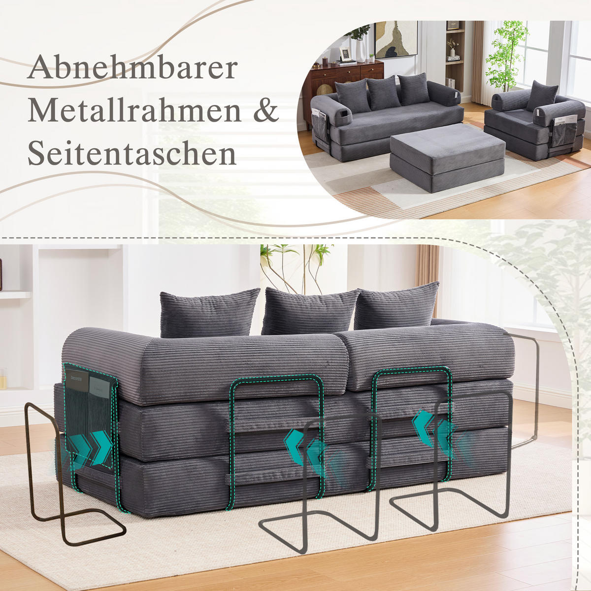 SITZGARNITUR DE-33801 modular mit Hocker Dunkelgrau - Dunkelgrau, Metall (200/67/190cm) - ComfortXL