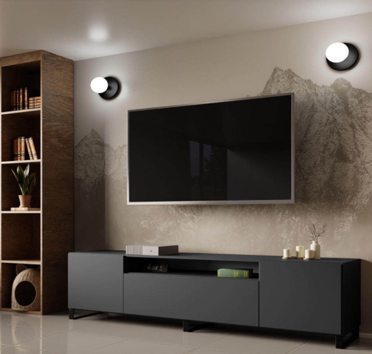 TV-SCHRANK Grafit LION Metallbeine 200 cm Mit Regalen - Graphitfarben, Holzwerkstoff (200/40/41cm) - Sepro Meble