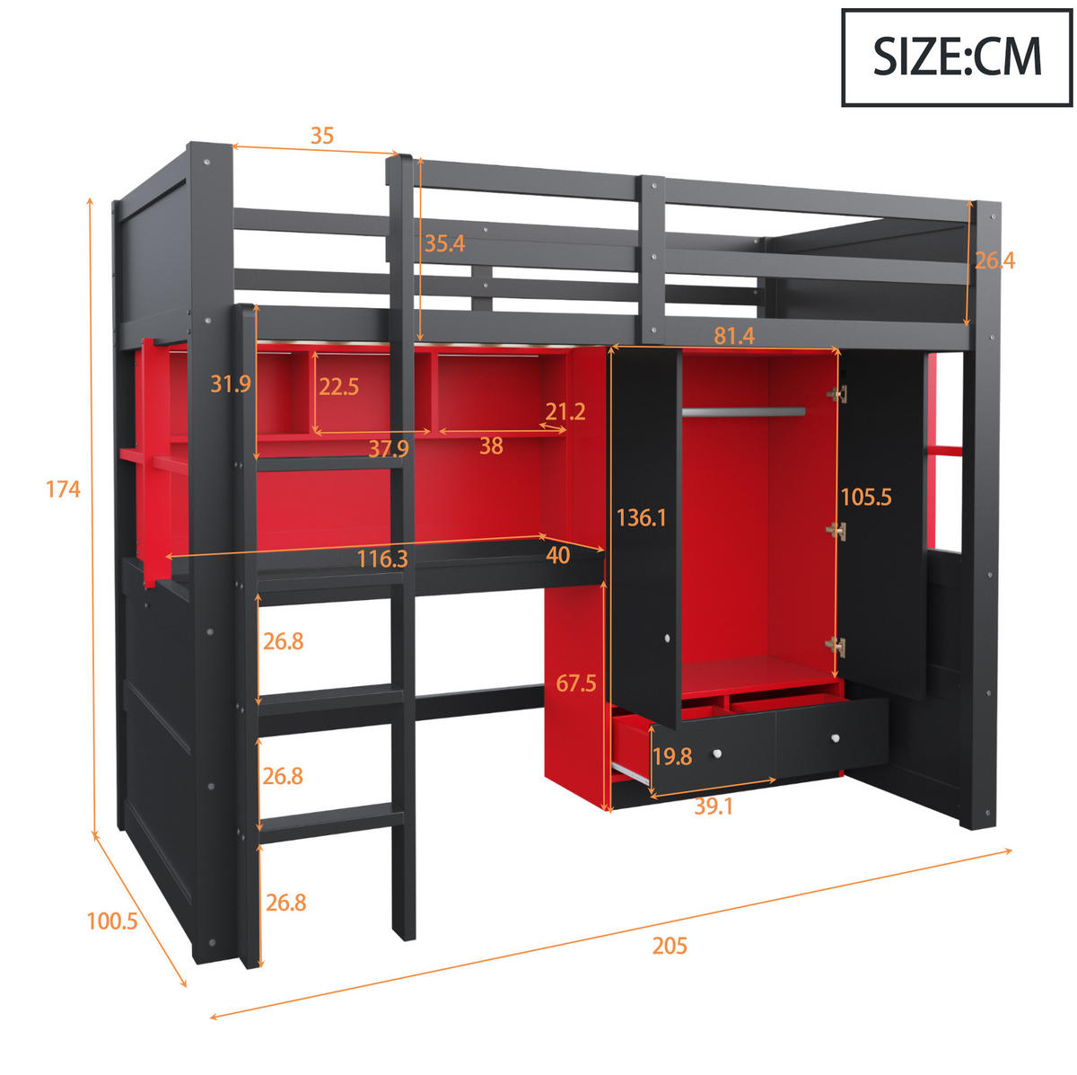 HOCHBETT 90/200 cm Schwarz-Rot mit LED, Lattenrost und Massivholz - Schwarz, Holz (90/200cm) - MIVRAY