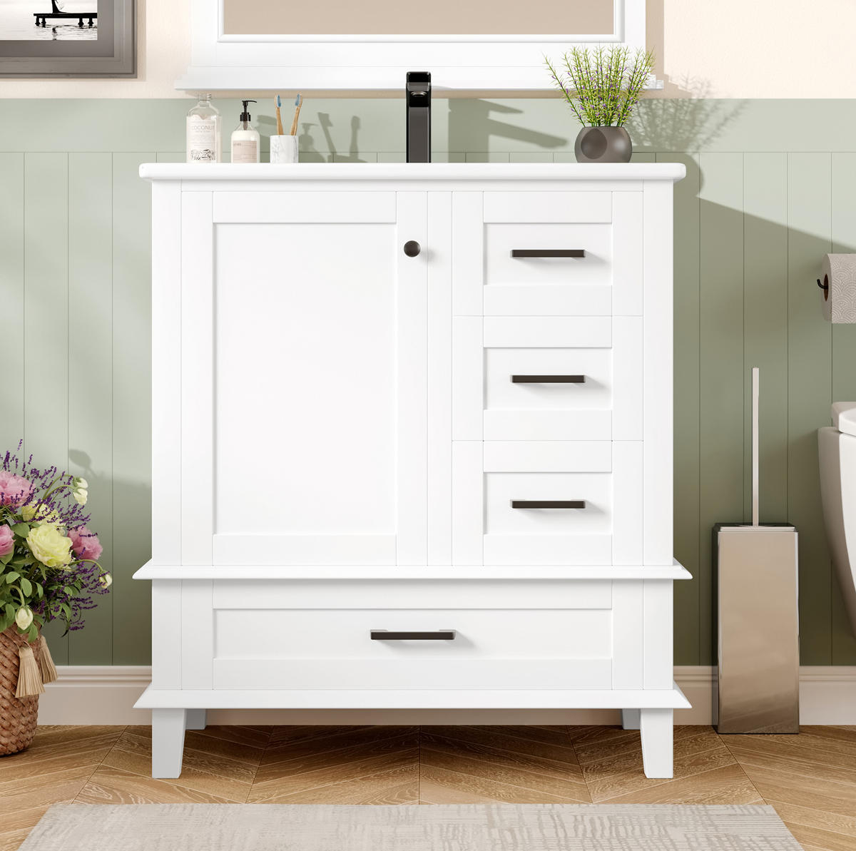 WASCHTISCHKOMBI 76/46/83,5 cm in Weiß mit Keramikbecken und 3 Schubladen - Weiß, Holzwerkstoff (76/83.5/46cm) - Flora Grace